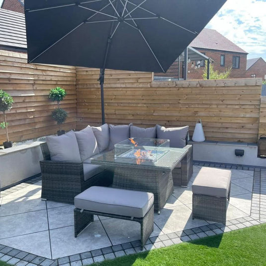 grey corner sofa set with square glass topped firepit table and 2 stools