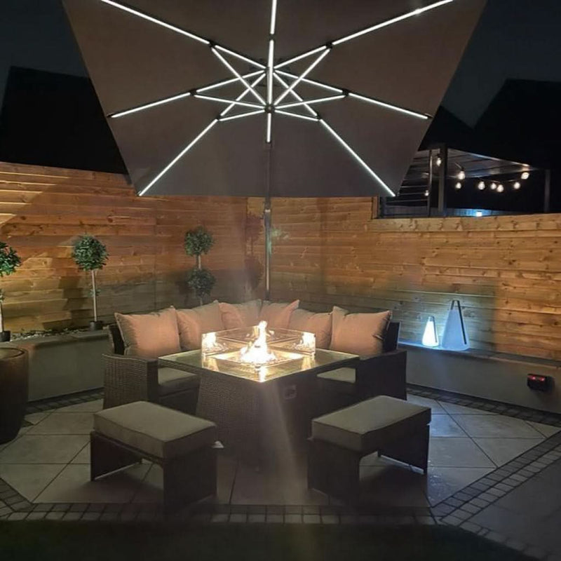 Load image into Gallery viewer, grey corner sofa set with square glass topped firepit table and 2 stools
