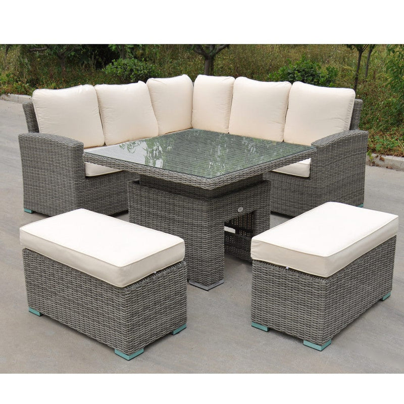 Load image into Gallery viewer, grey corner sofa set with cream cushions &amp; glass topped square table and 2 stools
