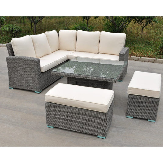 grey corner sofa set with cream cushions & glass topped square table and 2 stools