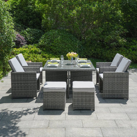 4 seater grey cube set with glass topped square table and 4 stools