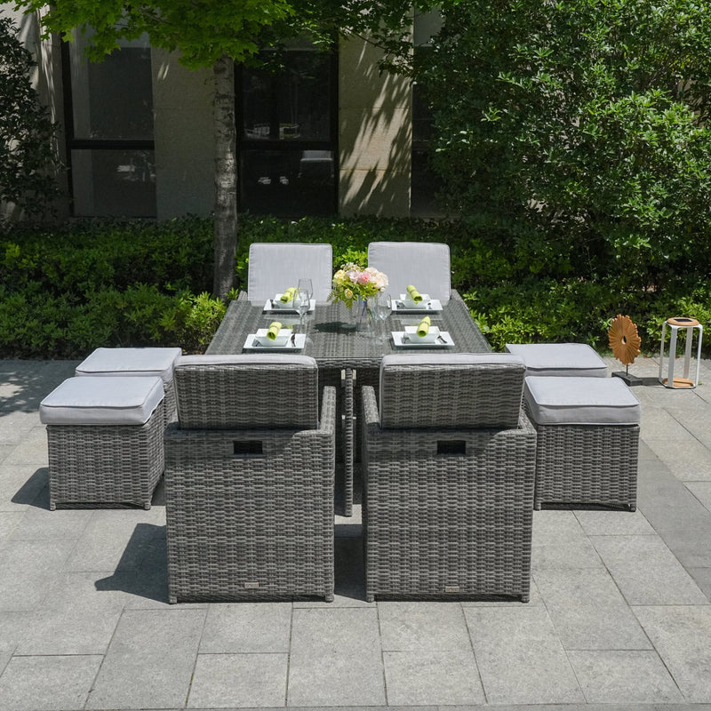 Load image into Gallery viewer, 4 seater grey cube set with glass topped square table and 4 stools
