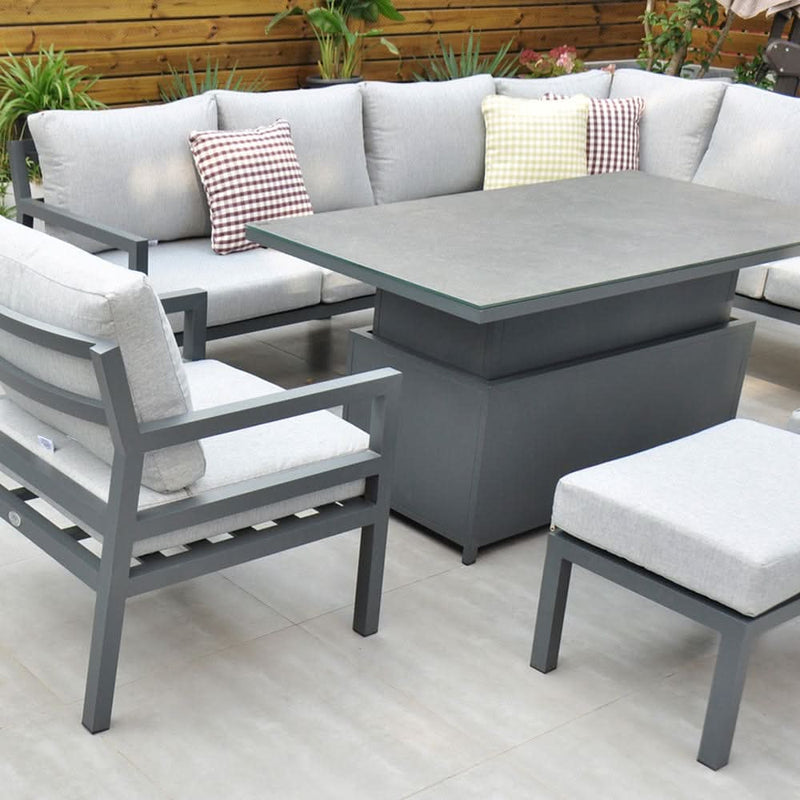 Załaduj obraz do przeglądarki galerii, dark grey corner sofa set with rectangular rising table, 1 armchair and 2 stools
