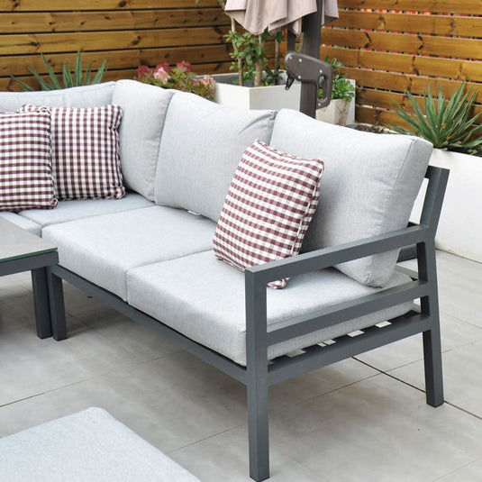 dark grey corner sofa with grey back and base cushions