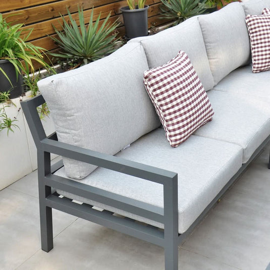 dark grey corner sofa with grey back and base cushions