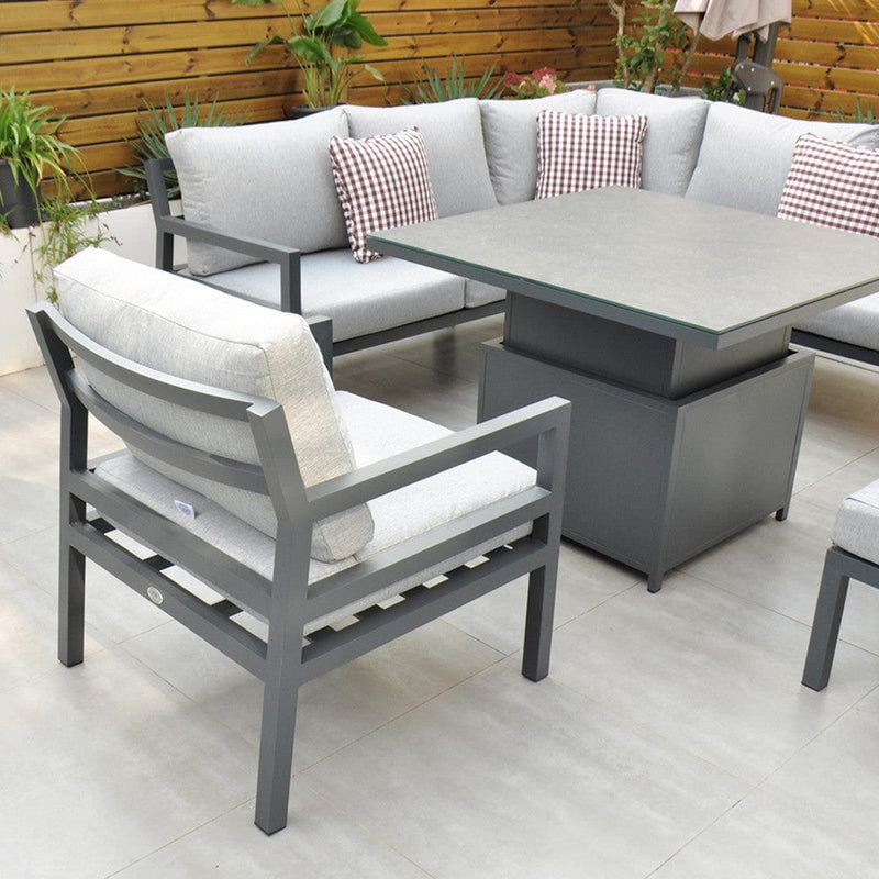 Załaduj obraz do przeglądarki galerii, dark grey corner garden furniture set with square rising table and 1 chair

