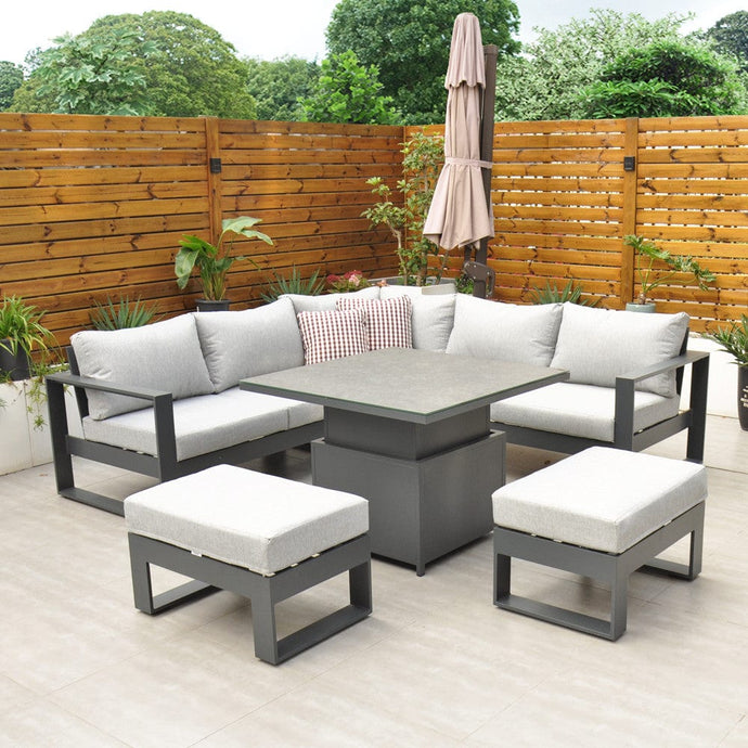 dark grey corner garden furniture set with square rising table and 2 stools