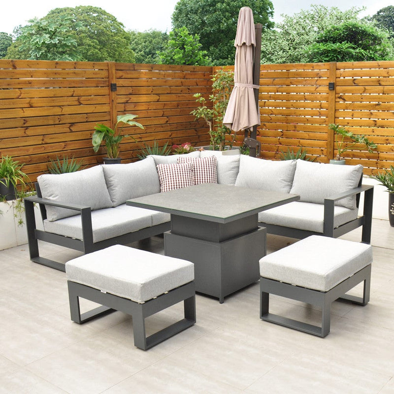 Load image into Gallery viewer, dark grey corner garden furniture set with square rising table and 2 stools
