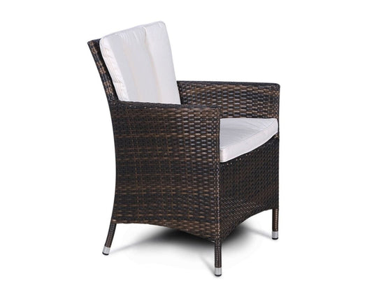 brown woven synthetic rattan chair with cream back and base cushions