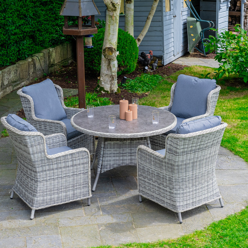 Load image into Gallery viewer, light grey 4 seater deluxe dining set with dark grey cushions and a round table

