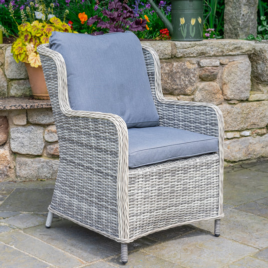 light grey armchair with dark grey back and base cushions