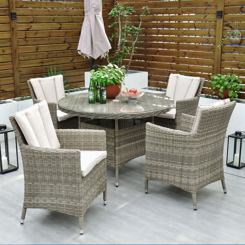 Завантажте зображення в засіб перегляду галереї, natural 4 seater set with 120cm glass topped round table 
