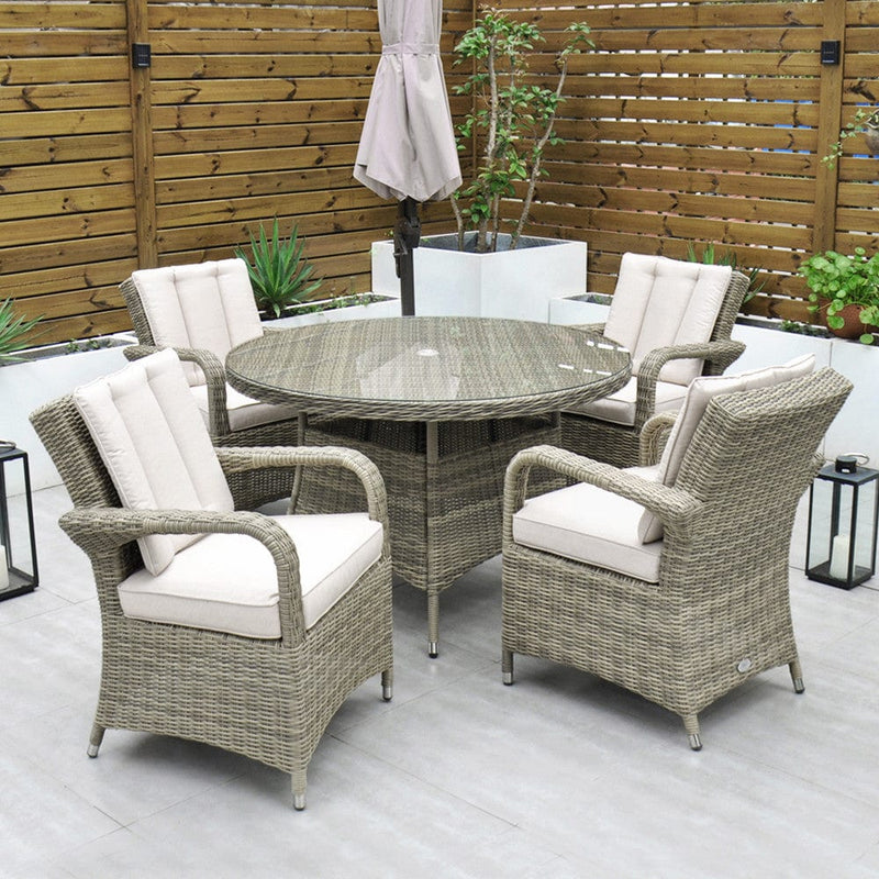 Load image into Gallery viewer, brown 4 seater set with round glass topped table

