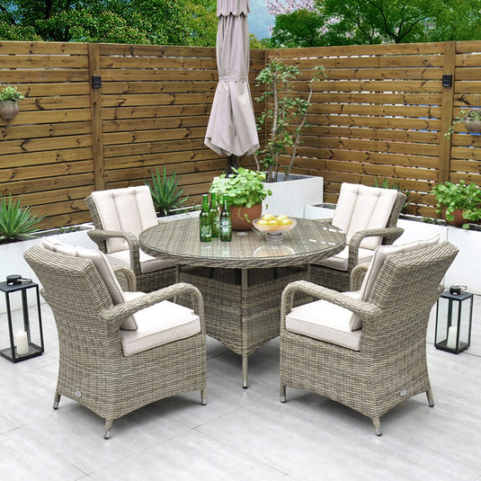 brown 4 seater set with round glass topped table