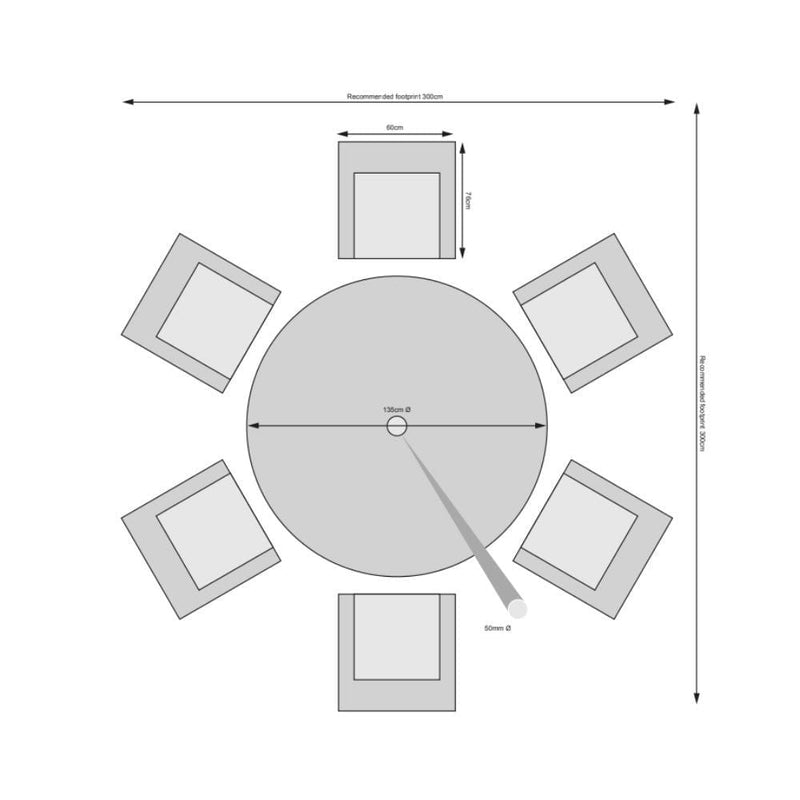 Load image into Gallery viewer, 6 seater grey garden furniture set with 135cm round table (glass topped) dimensions
