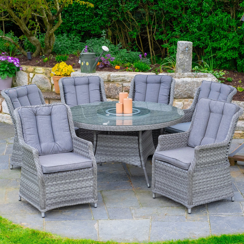 Załaduj obraz do przeglądarki galerii, 6 seater grey garden furniture set with 135cm round table (glass topped)
