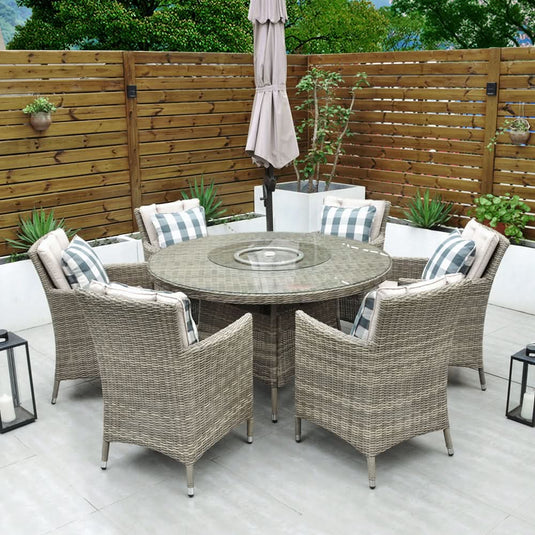 natural 6 seater set with 135cm round glass topped table