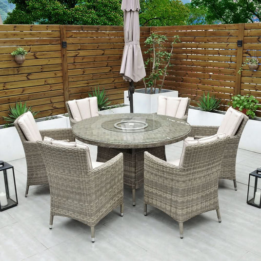 natural 6 seater set with 135cm round glass topped table