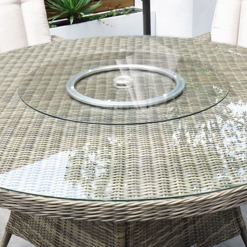 Load image into Gallery viewer, round glass topped table with hole for a parasol
