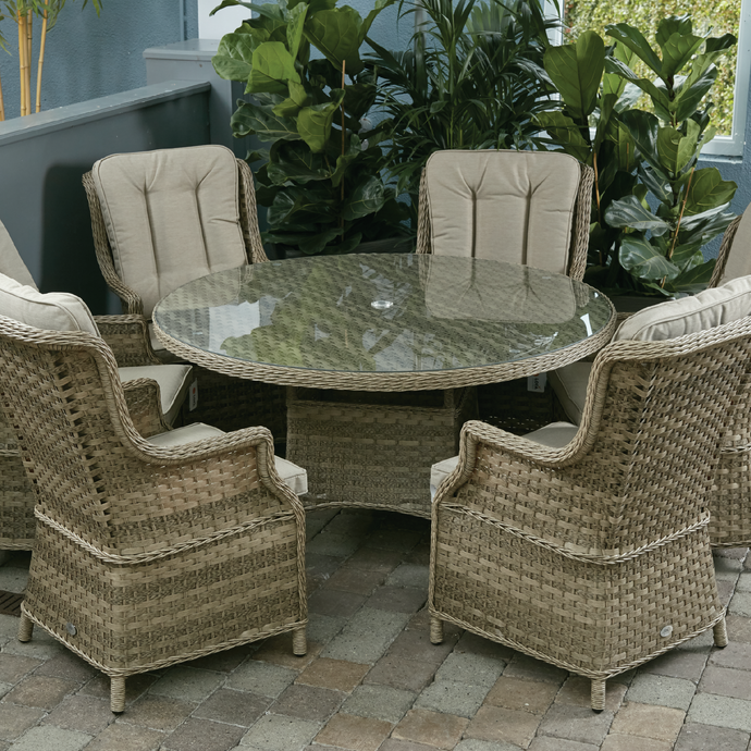 6 seater set with 135cm glass topped round table in a natural colour