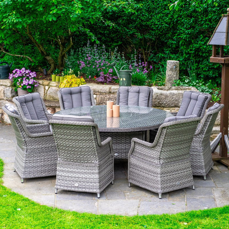 Załaduj obraz do przeglądarki galerii, 8 seater grey garden furniture set with 170cm round table (glass topped)
