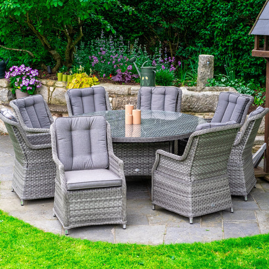 8 seater grey garden furniture set with 170cm round table (glass topped)