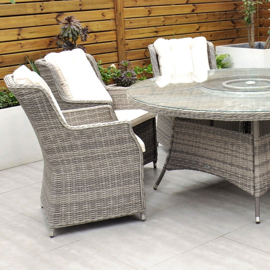 light grey armchair with cream back and base cushions