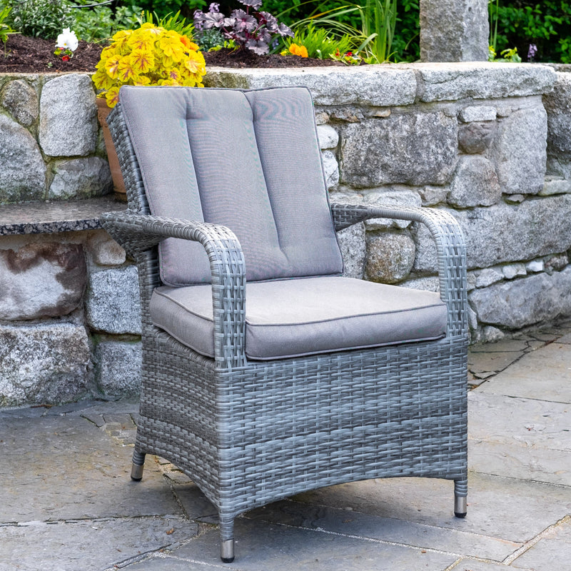 Załaduj obraz do przeglądarki galerii, light grey woven synthetic rattan armchair with grey back and base cushions
