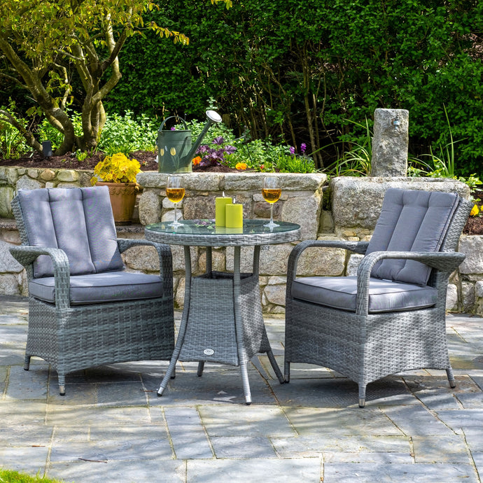 light grey 2 seat bistro set with 70cm glass topped round table