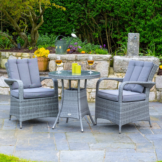 light grey 2 seat bistro set with 70cm glass topped round table