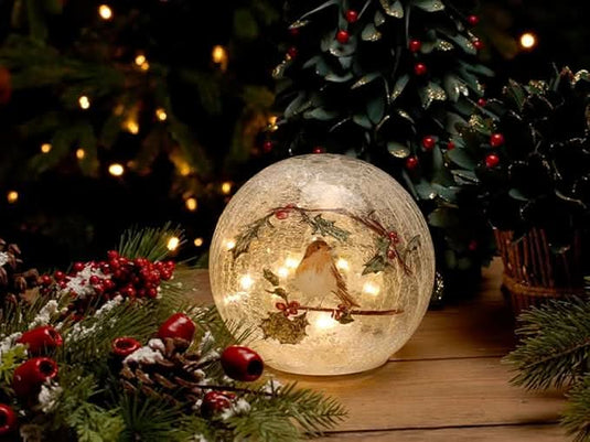 Festive 20Cm Bo Lit Crackle Effect Robin Branch Ball | P050913