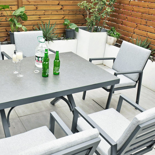 6 seater dark grey garden furniture set with 150cm rectangular table