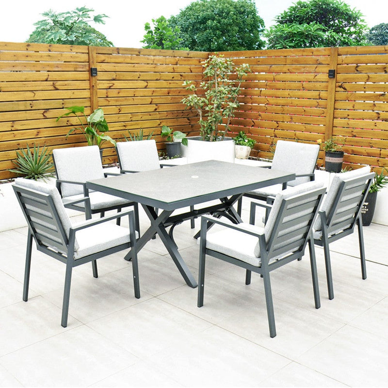 Load image into Gallery viewer, 6 seater dark grey garden furniture set with 150cm rectangular table
