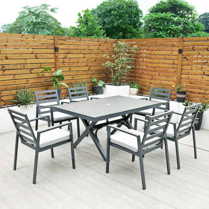Load image into Gallery viewer, 6 seater dark grey garden furniture set with 150cm rectangular table without cushions on chair backs
