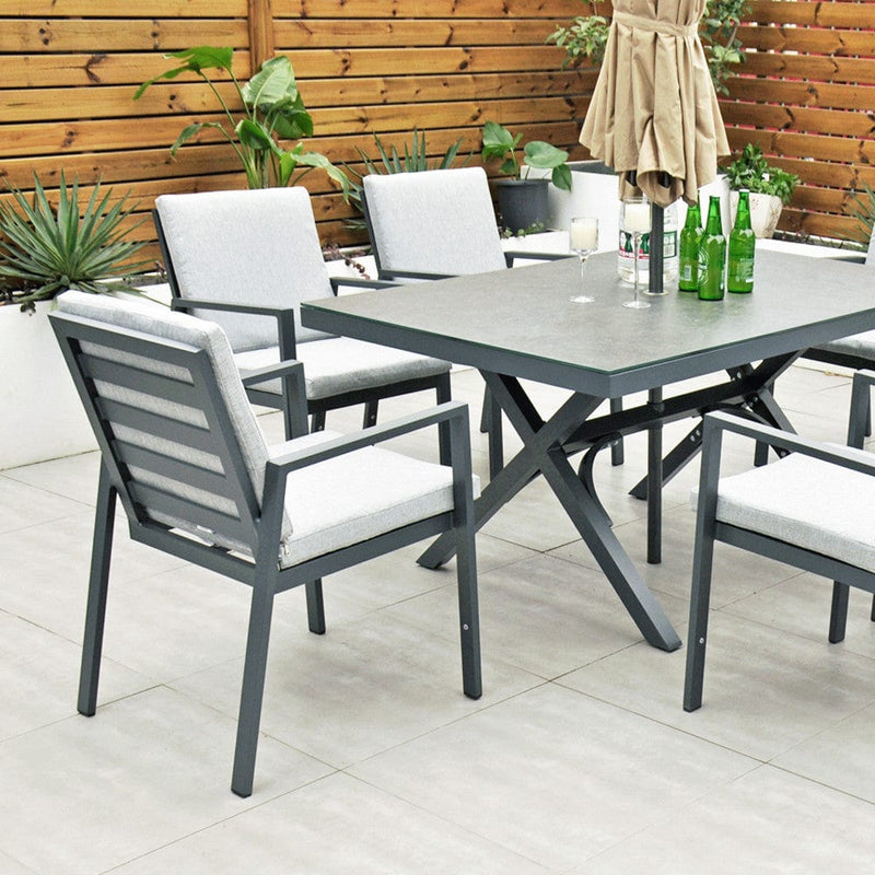 Załaduj obraz do przeglądarki galerii, 6 seater dark grey garden furniture set with 150cm rectangular table
