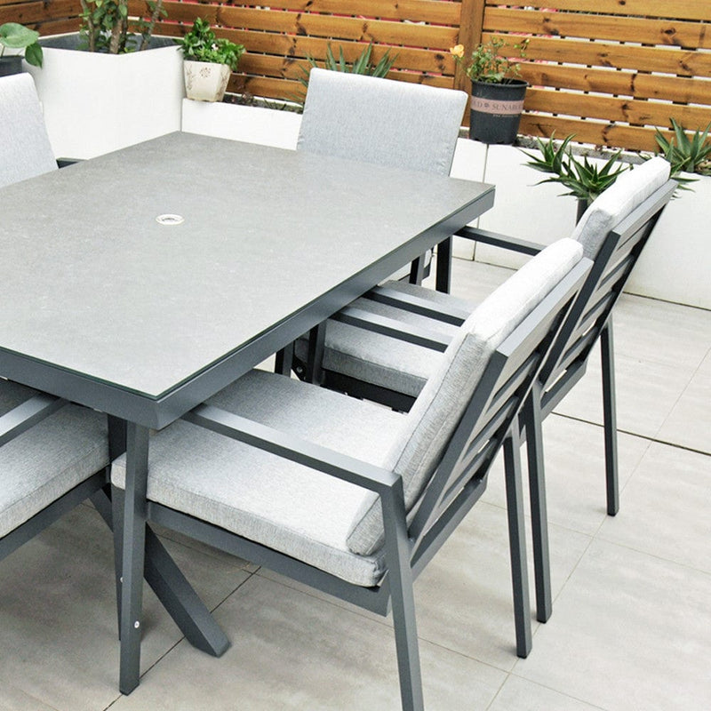 Завантажте зображення в засіб перегляду галереї, 6 seater dark grey garden furniture set with 150cm rectangular table
