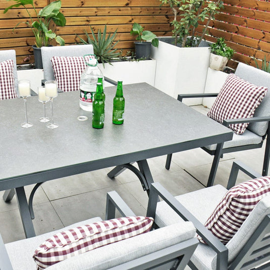 6 seater dark grey garden furniture set with 150cm rectangular table