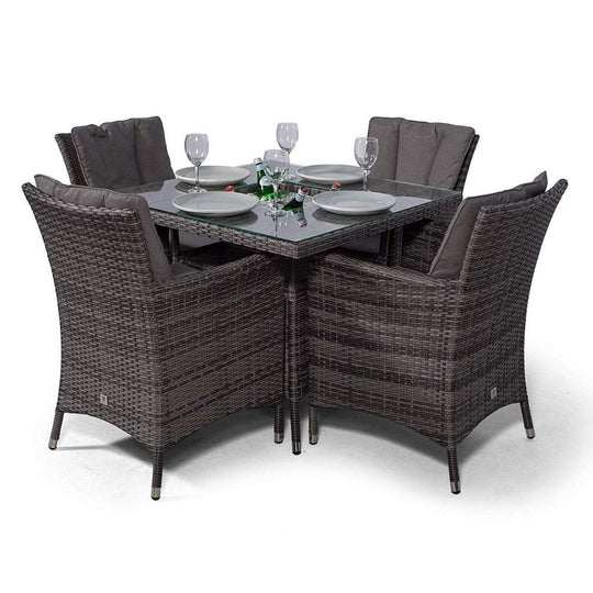dark grey 4 seater set with glass topped square table and ice bucket centrally situated within the table