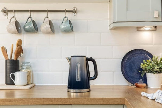 russell hobbs eclipse kettle in midnight blue on the kitchen