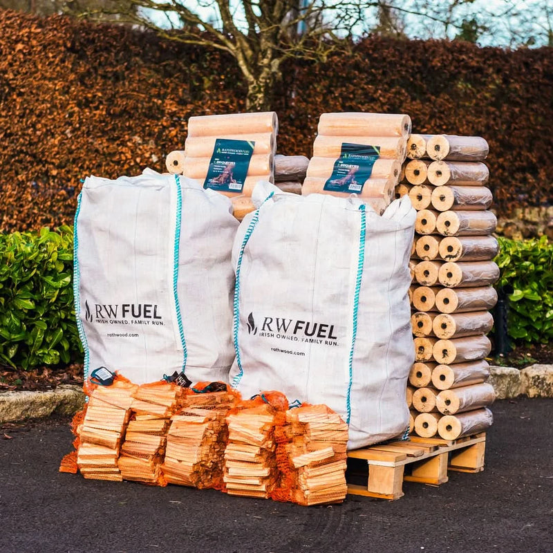 Load image into Gallery viewer, 2 x RW Hardwood Trolley Bags (100kg) 5 x Kiln-Dried Kindling Net Bag 15 x Pack Briquettes (10kg each pack)
