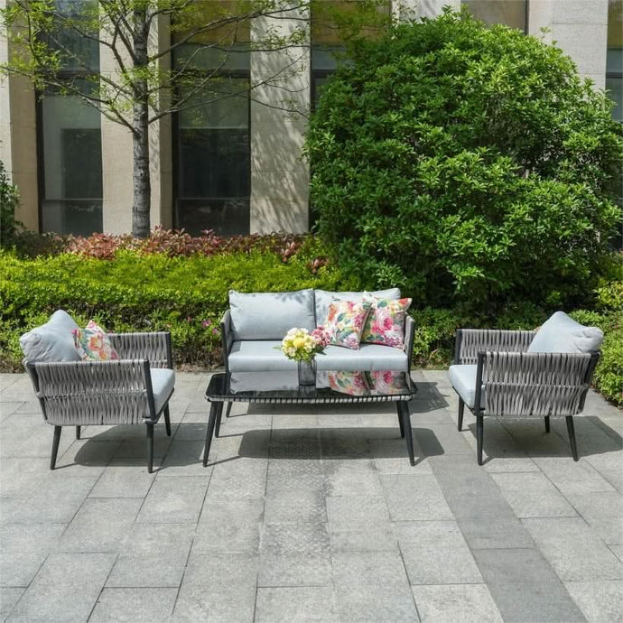 light grey sofa set with glass topped rectangular table