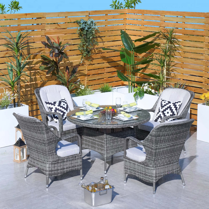 Załaduj obraz do przeglądarki galerii, grey 4 seater garden furniture set with 120cm round table
