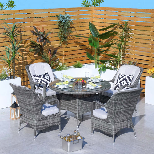 grey 4 seater garden furniture set with 120cm round table