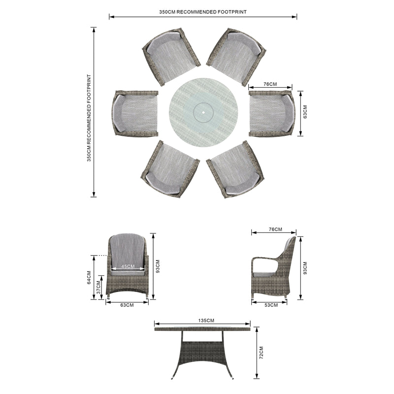 Load image into Gallery viewer, grey 6 seater garden furniture set with 135cm round table with glass top dimensions
