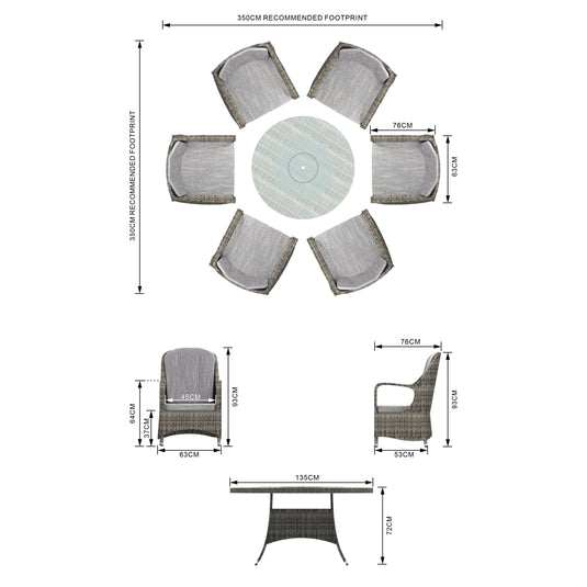 grey 6 seater garden furniture set with 135cm round table with glass top dimensions