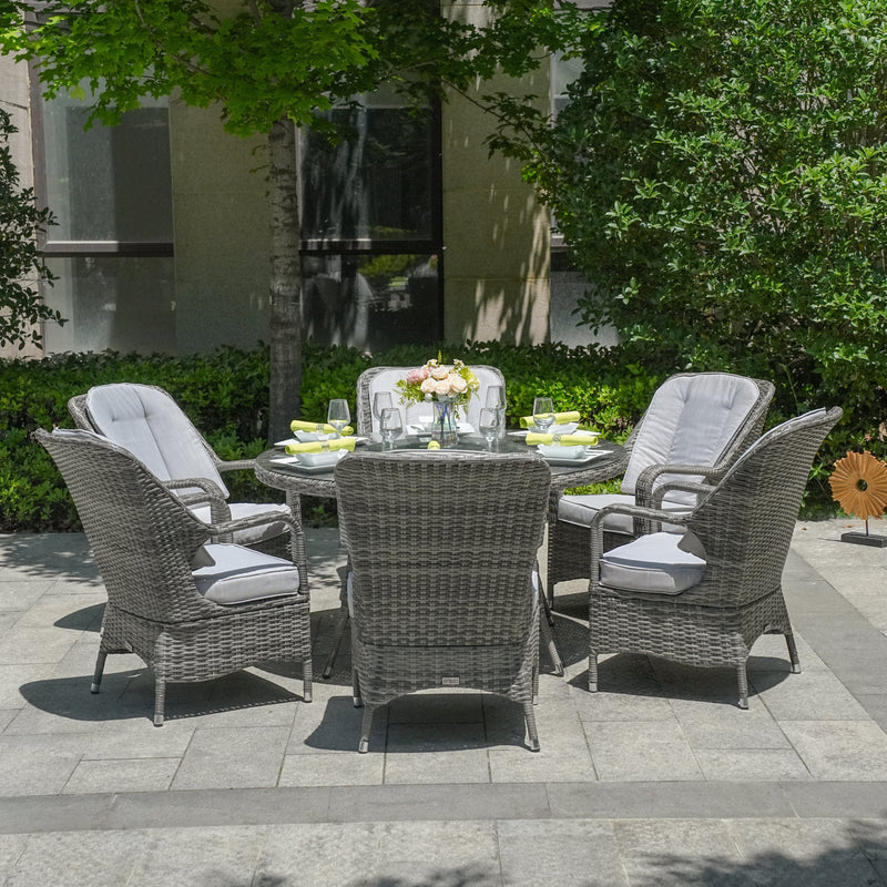 Завантажте зображення в засіб перегляду галереї, grey 6 seater garden furniture set with 135cm round table with glass top
