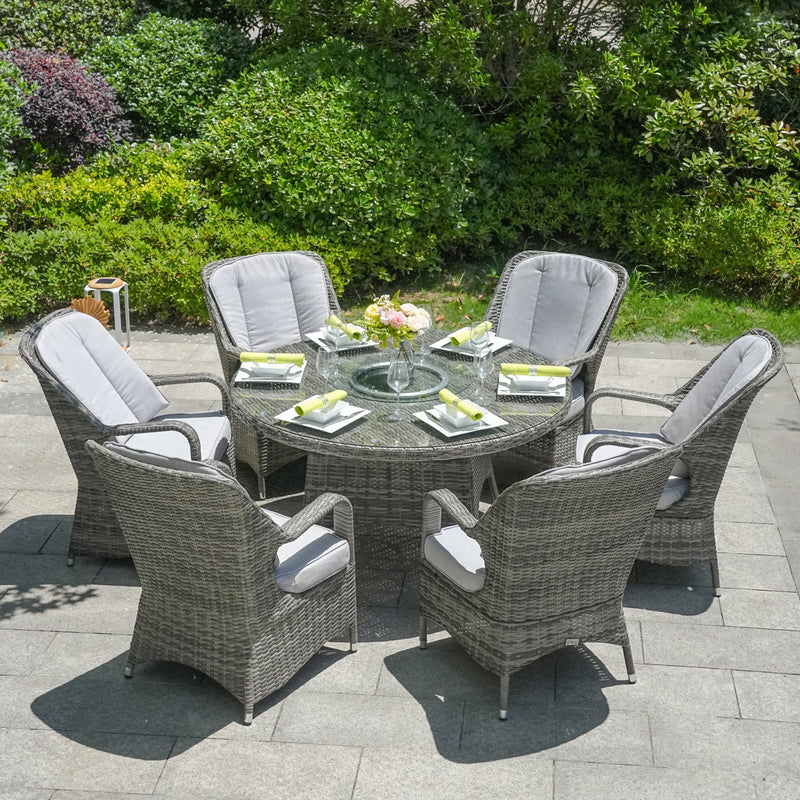 Load image into Gallery viewer, grey 6 seater garden furniture set with 135cm round table with glass top
