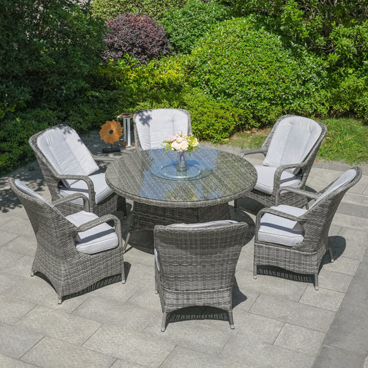 grey 6 seater garden furniture set with 135cm round table with glass top