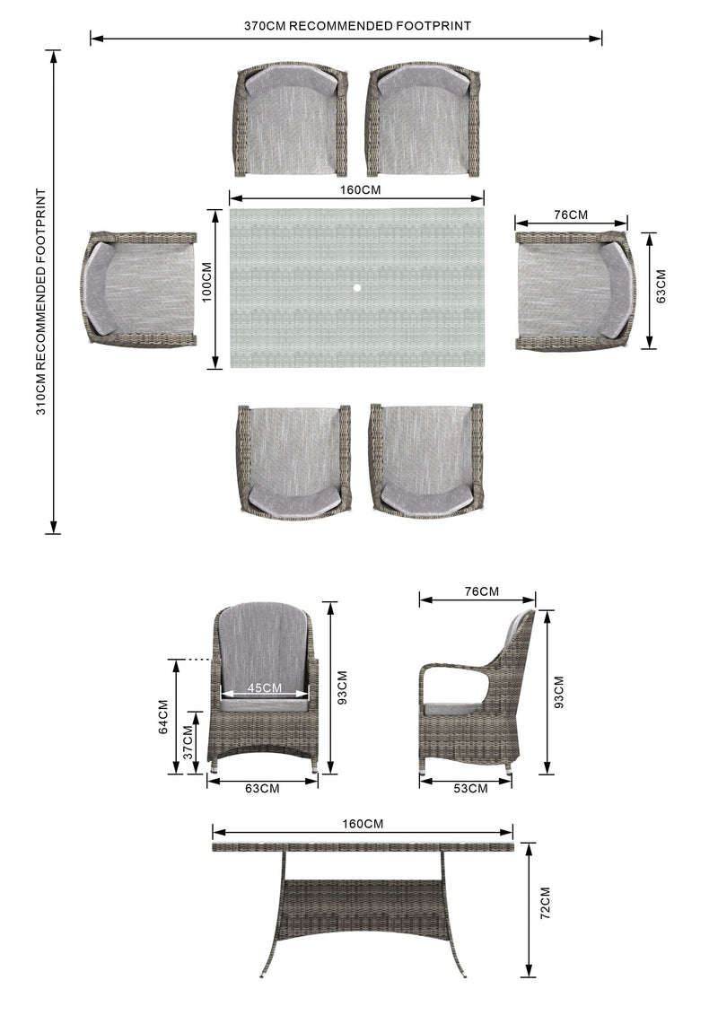 Load image into Gallery viewer, 6 seater grey garden furniture set with rectangular table dimensions
