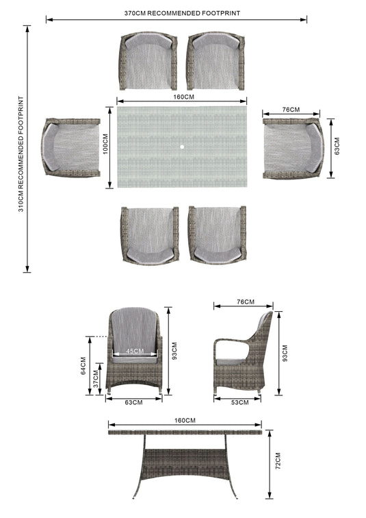 6 seater grey garden furniture set with rectangular table dimensions